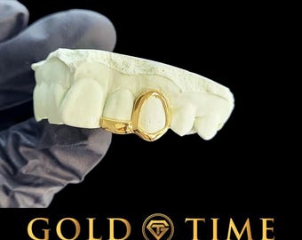Double Cap Grillz with Open Face Canines & Solid Incisor Tip – Custom Gold or Silver Grill – Handmade Grillz with Mold Kit - 2 Teeth
