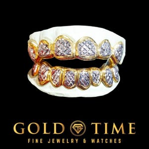 Two-Tone 14 Piece Grillz Set: Trillion Cut Diamond Dust Box, Custom Fit