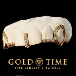 Custom Hip Hop Grillz - Open Face Canine Fangs & CZ Incisor Tips with CZ Gap Bar- 10k, 14k, Silver - Yellow, White, Rose