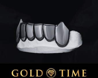 Custom Black Canine Fang 6 Piece Rhodium Plated Grillz - 8k, 10k, 14k or Silver - Top or Bottom - High Polish - Best Quality - Handmade