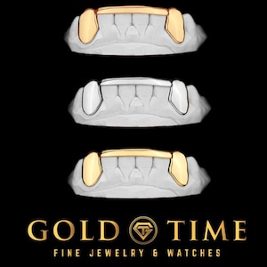 6-Piece Custom Grillz – Solid Canines with Center Tips – Silver, 10K or 14K Gold – Handmade Fit – Impression Kit Included – Luxury Finish