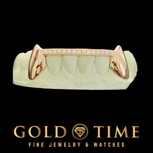 Custom 6 Tooth Fang Grillz with Cubic Zirconia Tips - Silver, 10k, 14k Gold - Handmade Custom Grill - Impression Kit Included