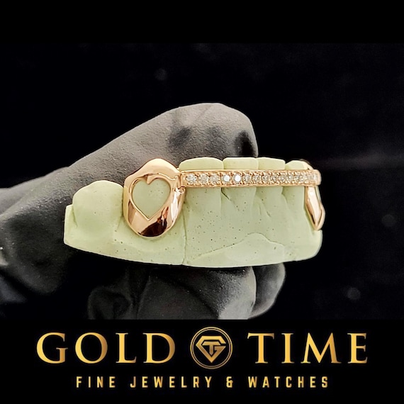 Custom Heart Open Face Canine with CZ Center Row - 8k, 10k, 14k or Silver - Yellow, White, Rose - High End Luxury Quality - Polish Finish