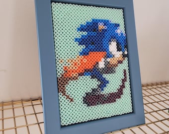 Arte de píxeles de Sonic The Hedgehog / Regalo para jugadores / Arte con cuentas Perler / Arte geek / Arte para salas de juegos / Regalo para esposos / Regalo para novios / Regalo para niños