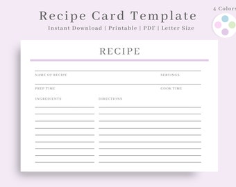 Printable Recipe Card, Recipe Template, Cookbook Template, Recipe Card, Blank Recipe Card, Recipe Book Template