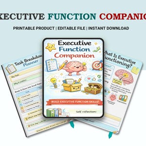 May include: A digital planner titled Executive Function Companion featuring a cartoon brain character, a task breakdown page, and an educational sheet about executive functioning. The design includes colourful illustrations of a lightbulb, target, and chest.