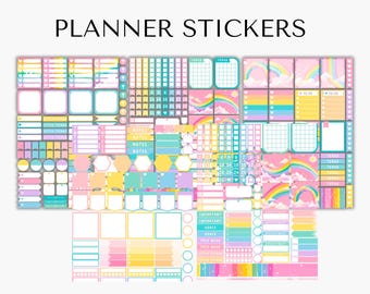 May include: A selection of colourful planner stickers with the text "PLANNER STICKERS" at the top. The stickers feature various shapes, including squares, rectangles, and hexagons, in pastel shades like pink, yellow, blue, and purple. Some stickers have rainbow and cloud designs.