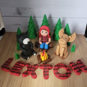 Fondant Lumberjack Cake Toppers- Fondant Moose - Fondant Bear - Fondant Campfire - Fondant Trees - Lumberjack Birthday Cake Topper
