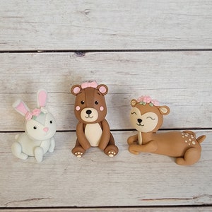 Fondant Woodland Cake Toppers- Fondant Bear with Bow, Deer, Bunny- Woodland Party - Baby Shower - 1st Birthday - Woodland Birthday - Style 9