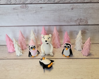 Fondant Polar Bear Penguins Trees Cake Toppers - Fondant Pink Trees - Winter Onederland - Winter Fondant - Fondant Penguins - Fondant Bear