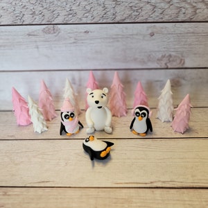 Fondant Polar Bear Penguins Trees Cake Toppers - Fondant Pink Trees - Winter Onederland - Winter Fondant - Fondant Penguins - Fondant Bear