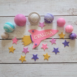 Fondant Girly Planets - Fondant Rocket - Fondant Space Cake Toppers - Planet Cake Toppers - Fondant Solar System - Fondant Stars