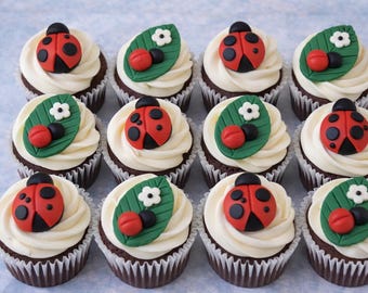 Fondant Lady Bugs - Lady Bug Cake Toppers - Lady Bug Cupcake Toppers - Fondant Leaves