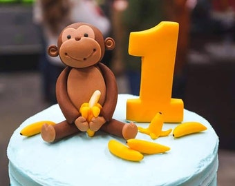 Fondant Baby Monkey and Banana Cake Toppers - Fondant Monkey Banana Number - Monkey Cake Topper- Safari Party - Monkey Cake - Fondant Number
