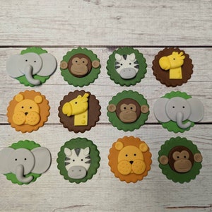 Fondant Safari Animals Cupcake Toppers - Baby Shower - Birthday Fondant Animals - Fondant Zebra Giraffe Lion Monkey Elephant - Style 4