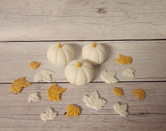 Fondant White Gold Pumpkins and Leaves - Pumpkin Cake Toppers - Fondant white and Gold Pumpkins - Pumpkin Fondant - Fall Wedding Decor