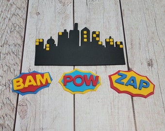 Fondant Superhero Building and Sayings - Fondant Pow Bam - Fondant Skyscrapers - Fondant Superhero Cake Toppers