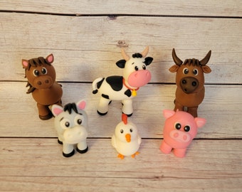 Fondant Farm Animals - Fondant Farm Cake Topper Fondant Pig Cow Sheep Horse Chicken - Farm Party Toppers - Fondant Barnyard Animals - Style2