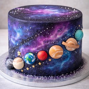 May include: A round cake decorated to resemble a galaxy, with a dark blue, purple, and white color scheme. The cake features edible planet decorations, including Earth, Mars, and Saturn, and star-shaped sprinkles.