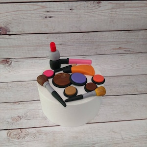 Fondant Makeup Cake Toppers - Makeup Cake Decorations- Fondant Lipstick Eyeshadow Brushes- Woman&#39;s Birthday - Teen Birthday - Girls Birthday