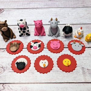 Fondant Farm Animals Cupcake Toppers - Fondant Farm  Fondant Pig Cow Sheep Horse Chicken Goat Chicks - Farm Party Toppers - 2D and 3D mix