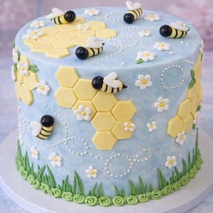 Fondant Bees and Honeycomb cake toppers - Bee Cake Topper - Fondant hexagons - Spring Cake Toppers - What will it bee - Meant to Bee