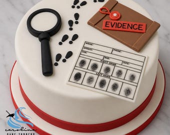 May include: A white cake decorated with a magnifying glass, footprints, a brown evidence box with a red "EVIDENCE" label, and a fingerprint chart. The cake has a red ribbon around the base.