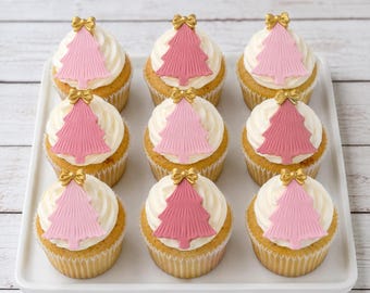 Fondant Pink Tree Cupcake Toppers - Fondant Trees - Fondant Bows Christmas cake toppers - Winter Cake - Christmas Party- Holiday Party