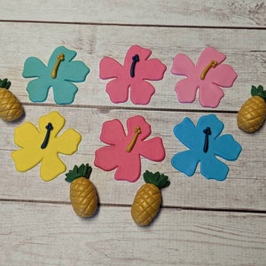 Fondant Hibiscus Flowers and Pineapples - Gold Pineapple Fondant - Tropical Flower Cake Toppers