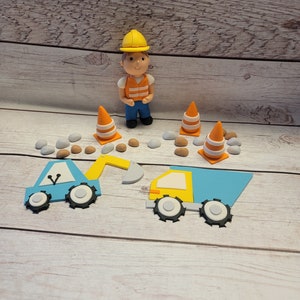 Fondant Construction Cake Toppers - Fondant Bulldozer - Fondant Rocks - Boys Birthday - Fondant Escavator - Fondant Taffic Cones