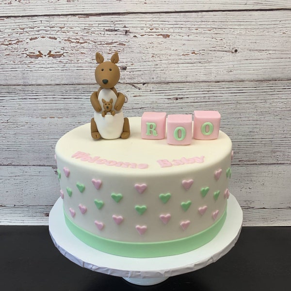 Fondant Kangaroo - Fondant Letter Blocks - Fondant Hearts -  Kangaroo Mom and Baby Cake Toppers - Baby Shower Cake Toppers