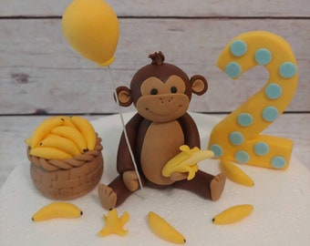 Fondant Monkey and Bananas Cake Toppers - Fondant Monkey Bananas Balloon Number - Monkey Cake Topper - Safari Party - Monkey Cake