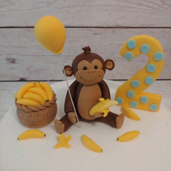 Fondant Monkey and Bananas Cake Toppers - Fondant Monkey Bananas Balloon Number - Monkey Cake Topper - Safari Party - Monkey Cake