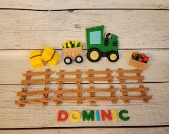Fondant Farm Animals Tractor - Fondant Farm Cake Topper Fondant Pig Cow Sheep Horse Chicken - Farm Party Toppers - Fondant Barnyard Animals