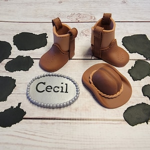 Fondant Cowboy Cake Toppers - Fondant Boots - Fondant Cowboy Hat - Fondant Cow Print- Fondant Belt Buckle - Cowboy Cake Decorations