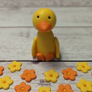 Fondant Duck - Fondant Flowers - Duck Cake Topper - Flower Cake - Farm Party Toppers - Spring Fondant