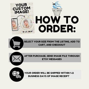 May include: How to order a custom cake topper with your own image. Select your size, add to cart, and send your image file through Etsy messages. Your order will be shipped within 1-2 business days of image receipt.