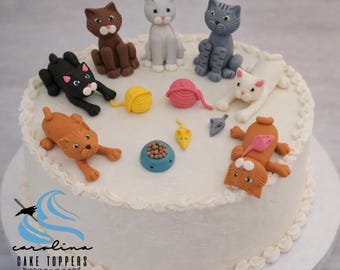 Fondant Cat Cake Toppers- Fondant Cats - Cat Lover Party - Cat and Mouse Cake Toppers