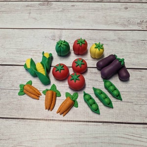 Vegetable Cake Topper - Veggie Cupcake Toppers - Garden Party - Fondant carrots peas corn peppers tomatoes eggplants