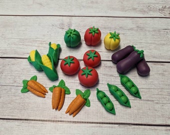 Vegetable Cake Topper - Veggie Cupcake Toppers - Garden Party - Fondant carrots peas corn peppers tomatoes eggplants