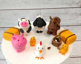 Fondant Farm Animals - Fondant Farm Cake Topper Fondant Pig Cow Sheep Horse Chicken - Farm Party Toppers - Farm - Fondant Barnyard Animals