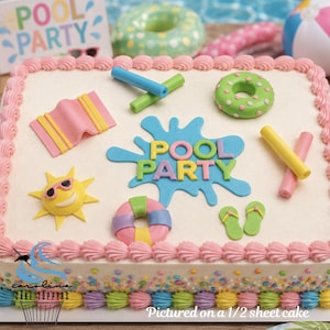 May include: A rectangular cake decorated with a pool party theme. The cake features a white base with pink frosting around the edges and colorful sprinkles. Decorative elements include a sun, pool floats, and the words "POOL PARTY".