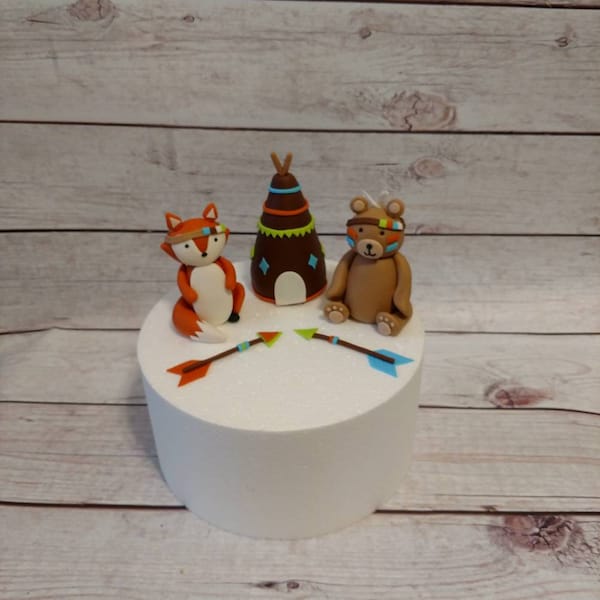 Fondant Tribal Woodland Cake Toppers- Fondant Bear Fox - Woodland Party - Fondant Tee Pees - Baby Shower - Woodland Birthday - Style 5