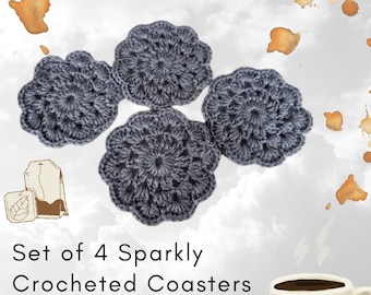 Coaster Shiny Sparkle Grey Set of 4,  Crochet Coaster Flower Style Handmade, Physical Item