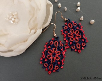 Bright Statement Earrings, Blue-Fire Red tatting  earrings, tatted lace jewelry, lace earrings, gift for her, vintage style jewelry, boho,