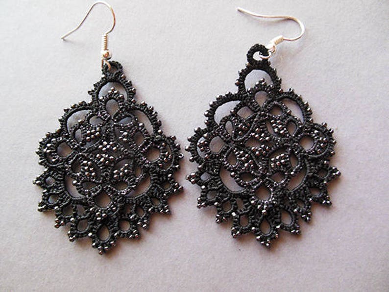 Black Tatting Lace Earrings Tatting Jewellery Frivolité Lace Etsy