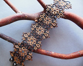 SALE, Cuff bracelet, tatted jewelry, tatted lace bracelet, frivolite lace acessories,black, Raw Sienna , gift for her, antique style jewelry
