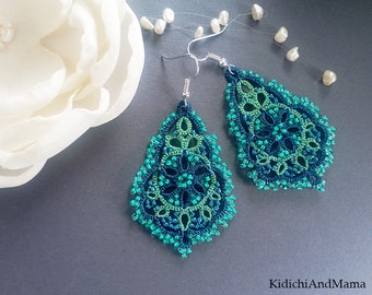 Turquoise tatting earrings, tatted lace earrings, blue earrings, boho jewelry, bright summer jewelry, festival earrings