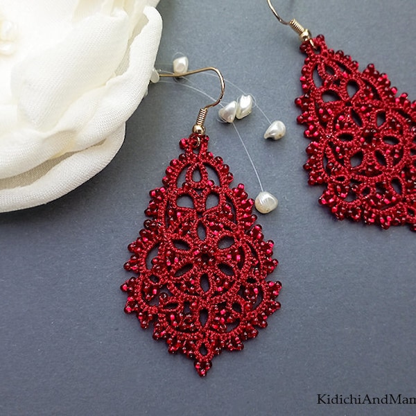 Red  chandelier earrings, tatted lace jewelry, tatting earrings, red drop earrings, bohemian jewelry, stylish jewelry. gift for her