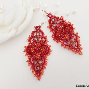 Orange Red tatting jewelry, lace tatted earrings, lace jewelry, summer  tatting earrings, lace chandelier earrings,  gift  for girlfriend